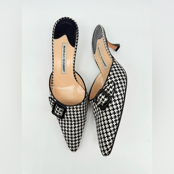 Manolo Blahnik Shoes - Manolo Blahnik Vintage Black White Houndstooth leather trim buckle mules EU 40